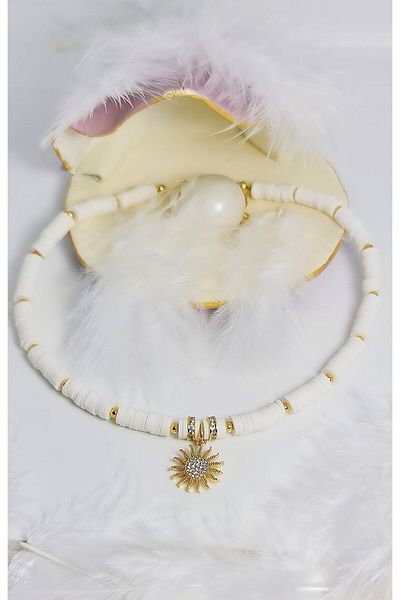 WONDER TOUCH Women's White Fimo Bead Sun Necklace, Summer Jewelry, Choker Necklace, Gift Necklace, 6mm Fimo
