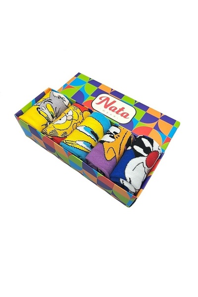 Natawear 5'li Renkli Unisex Kedi Tom,Dorlock Homes,Tweety,Garfield,Sylvester Soket Çorap Kutusu