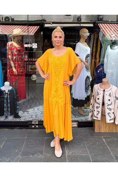 Sosyete Kaplumbağa Authentic Voile Cotton Guipure Detailed Short Sleeve Mustard Yellow Maxi Dress