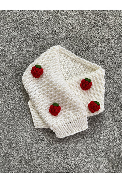 NEVALİN Strawberry Detailed Hand Knitted Set of 2 Children's Scarf and Beanie Set