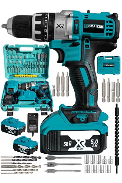 Graizer Alman Darbeli Bakir Sargili Çift Akülü Vidalama Çelik Şanzuman Şarjlı Matkap 5 Pilli Akü