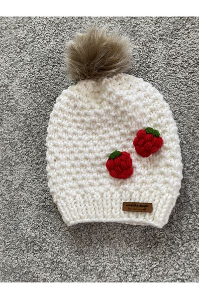 NEVALİN Strawberry Detailed Hand Knitted Children's Scarf Beanie Set