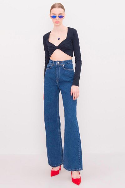 BROSERER Pantaloni blugi largi Palazzo cu talie super extra inalta din Lycra albastru inchis