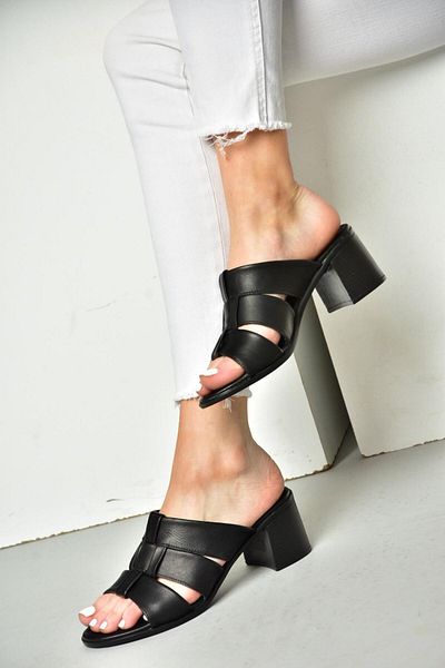 Fox Shoes Black Genuine Leather Thick Heeled Women's Slippers