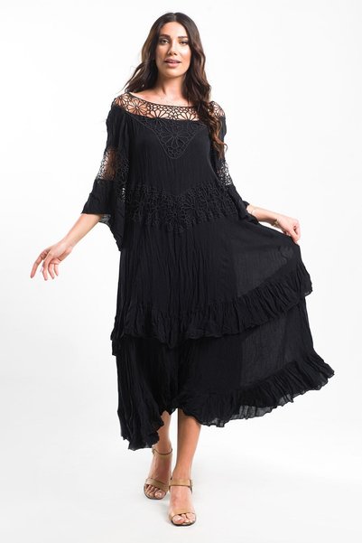 Sosyete Kaplumbağa Women's Black Authentic Voile Cotton Madonna Collar Bohemian Maxi Dress