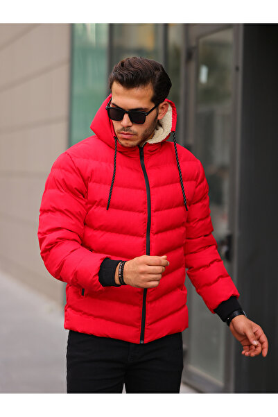 FERSHMOD İçi Kürk Detaylı Suya Dayanıklı Kırmızı Renk Erkek Şişme Mont