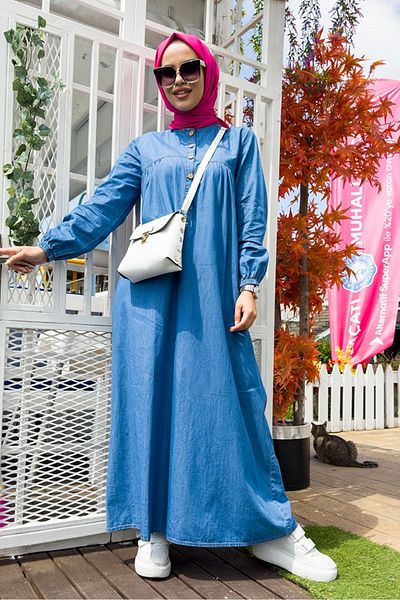 Bestenur Jeans Dress with Robe and Placket 763 - Light Blue