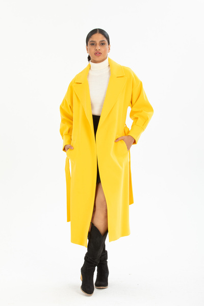 Pitti Women's Balloon Sleeve Yellow Lined Cashmere Lined Long Coat 70616