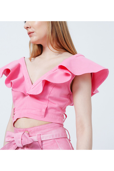 Rocky girl V Yaka Volanlı Bel Detayı Pencereli Bluz