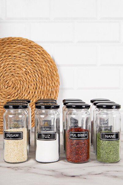 DNS HOME 12-Piece Glass Spice Jar Set with Black Metal Lid Spice Storage Jar Set with Label Gift 244 ml