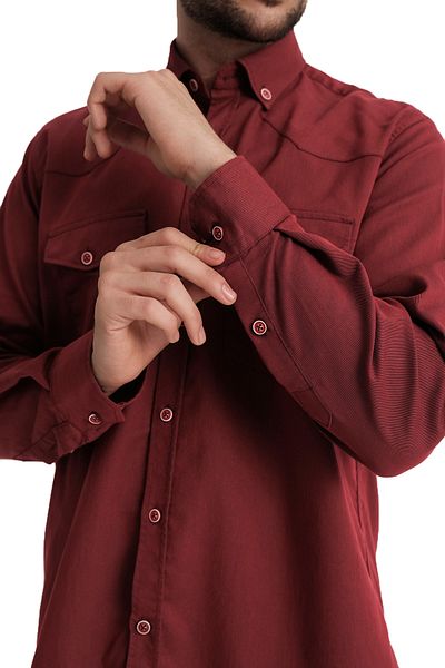 Varetta Men's Dark Red Double Pocket Lycra Lewis Model Gabardine Fabric Denim Shirt