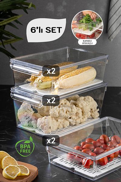 Meleni Home 6-Piece Mega Size Kitchen Closet Organizer with Strainer - Lid Refrigerator and Storage Container
