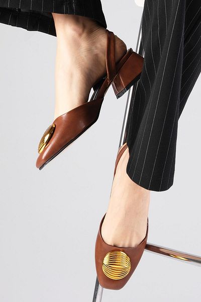 Mio Gusto Sharon Brown Short Heeled Blunt Toe Shoes with Open Back Buckle Accessories