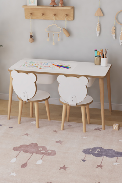 OBİ Atölye Resim Kağıdı Rulolu Çocuk Oyun Aktivite Masası 2 Sandalyeli Çekmeceli Çocuk Masası - Panda