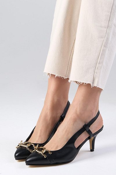 Mio Gusto Perla – Schwarze Schuhe mit offenem Rücken und Kettendetail und kurzem Absatz