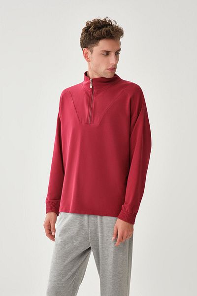 Dagi Burgundy Zipper Collar Elastic Cuff Cotton Sweatshirt