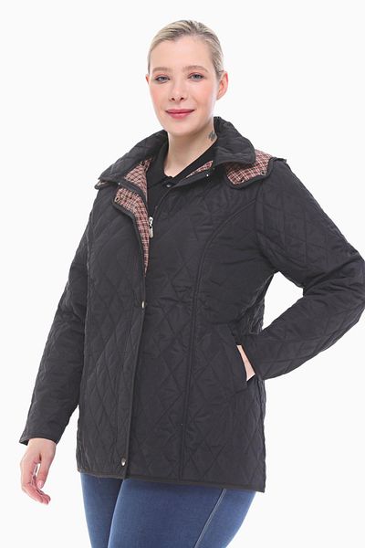 VETRE Women's Large Size Plaid 75 Cm Seasonal Black Quilted Coat 1024