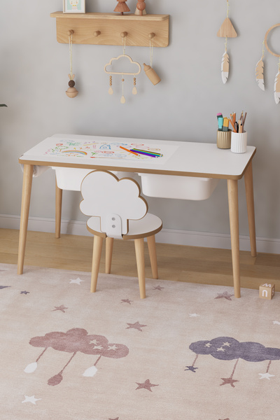 OBİ Atölye Resim Kağıdı Rulolu Çocuk Oyun Aktivite Masası 1 Sandalyeli Çekmeceli Çocuk Masası - Bulut