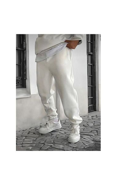 NO 601 Λευκό ψηλόμεσο χοντρό φλις εσωτερικά Jogger Sweatpants 3 κλωστών