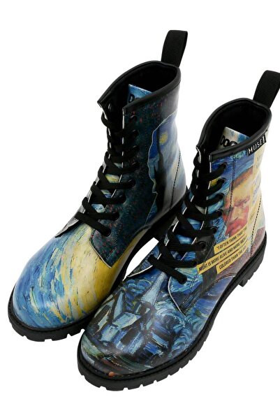Dogo Kadın Vegan Deri Mavi Uzun Bot - Vincent Van Gogh The Starry Night Collage Muse Tasarım