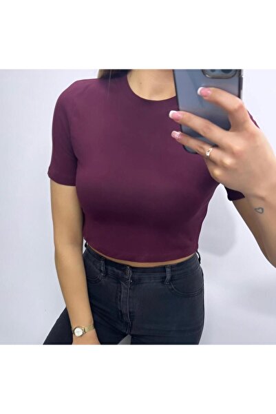LİMABEL Crew Neck Claret Red Crop T-shirt Slim Crop