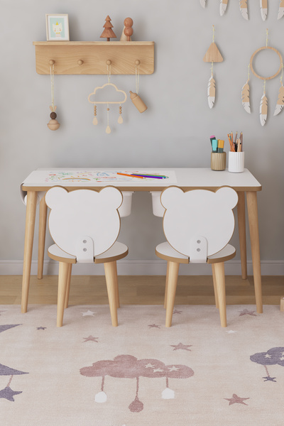 OBİ Atölye Resim Kağıdı Rulolu Çocuk Oyun Aktivite Masası 2 Sandalyeli Çekmeceli Çocuk Masası - Panda