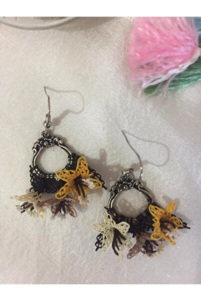 KAFTAN TAKI TASARIM Kadın Hardal Bej Otantik Iğne Oyası Metal Aksesuarlı Küpe