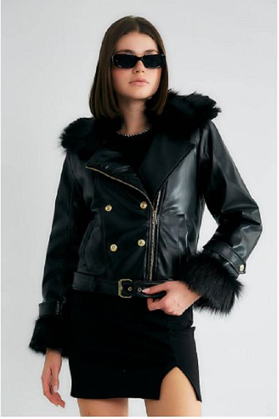 Robin BELT DETAIL FURAL ASTRALI BLACK LEATHER COAT