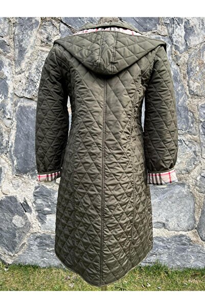 VETRE Women's Large Size Plaid 105 Cm Seasonal Khaki Quilted Coat 1044