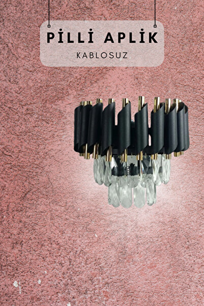 Birsen Aydınlatma Kablosuz Pilli Kristal Taşlı Modern Aplik Serisi - Yatak Od...