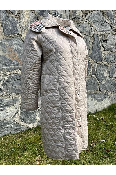 VETRE Women's Large Size Plaid 105 Cm Seasonal Light Beige Quilted Coat 1044