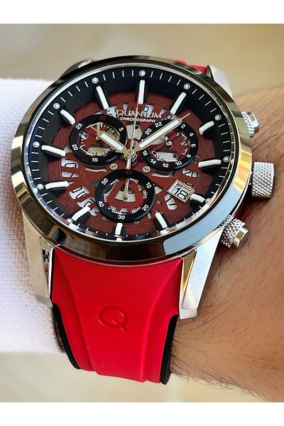 Quantum Functions Active Red Color Silicone Cord Steel Case Men Wristwatch 1095658