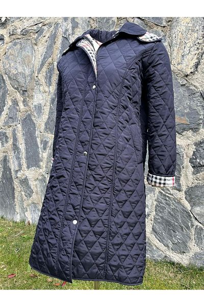 VETRE Women's Large Size Plaid 105 Cm Seasonal Navy Blue Quilted Coat 1044