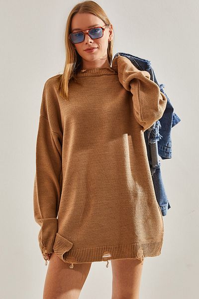 Bianco Lucci Dámský oversize roztrhaný podrobný pletený svetr