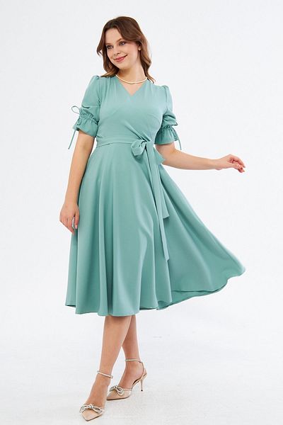 Bidoluelbise Mint Green Double Breasted Collar Gathered Short Sleeve Sleeves Elastic Belted Midi Length Dress