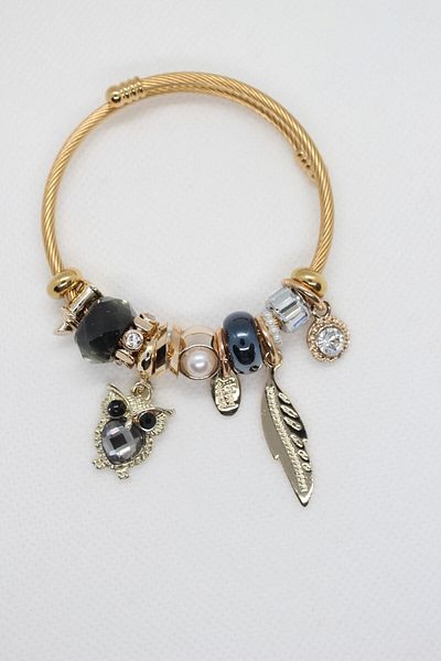 CLARİS Steel Owl Detailed Charm Gold Bracelet