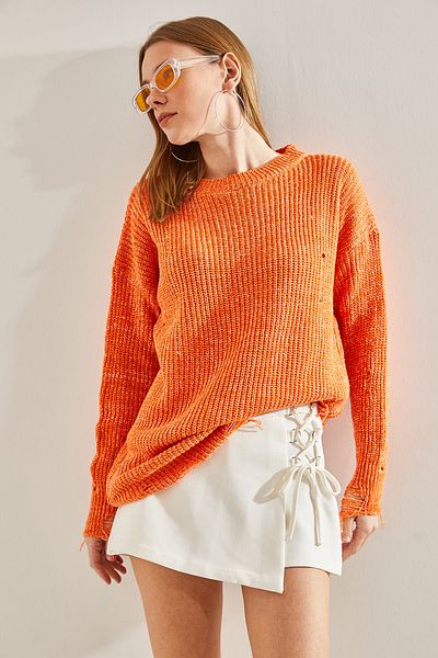 Bianco Lucci Dámsky oversize pletený sveter Muline s roztrhnutými detailmi