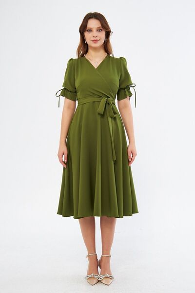 Bidoluelbise Χακί διπλό γιακά με κοντό μανίκι και ελαστικό φόρεμα μίντι μήκους