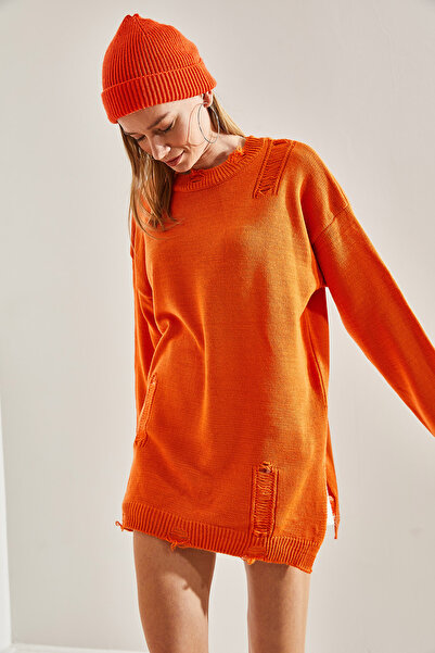 Bianco Lucci Women's Oversize Ripped Detailed Knitwear Sweater