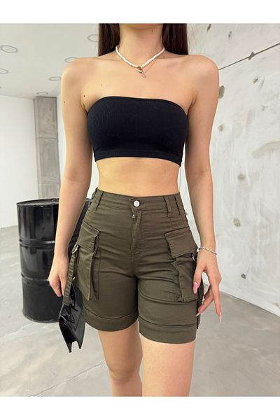 BİKELİFE Khakifarbene, dehnbare Jeansshorts mit hoher Taille und Cargotasche