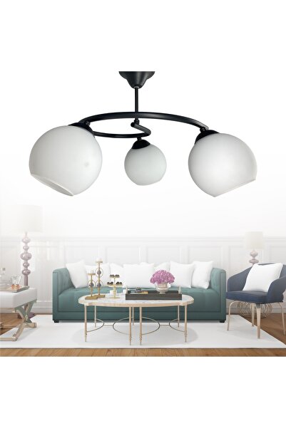 Genel Markalar Dönence Siyah 3'lü Beyaz Camlı Avize | Kaliteli Modern Metal A...