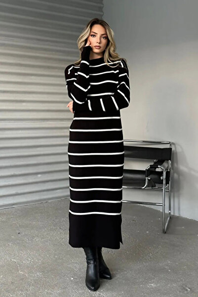 modabirsen طاقم الرقبة مخطط الشق فستان طويل الأكمام تريكو أسود