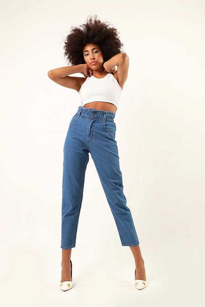 SHEVEGA Blue Lycra Talie Înaltă Boyfriend Talie Elastică Mom Jeans Blugi
