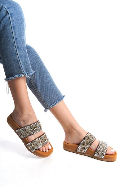Ayakkabı Fuarı Zeyn 7866S Women's Genuine Leather Flat Slippers Tan