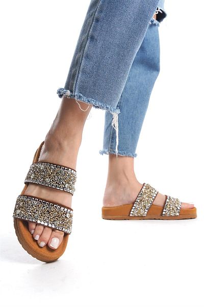 Ayakkabı Fuarı Zeyn 7866S Women's Genuine Leather Flat Slippers Tan