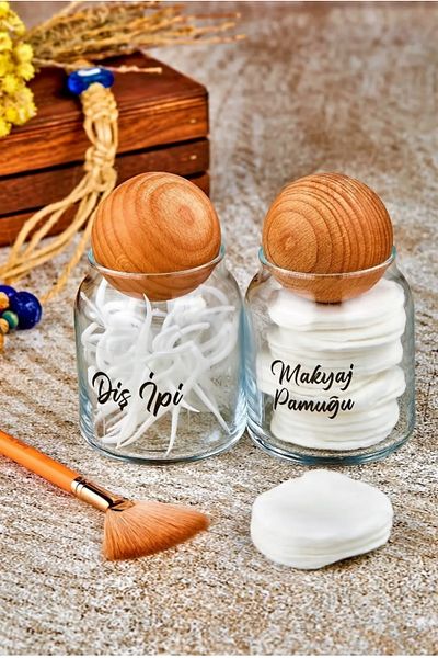ŞAKİLATA CONCEPT 2-Piece Wooden Ball Lid Dental Floss & Makeup Cotton Organizer 300 Ml Glass Cotton Bowl