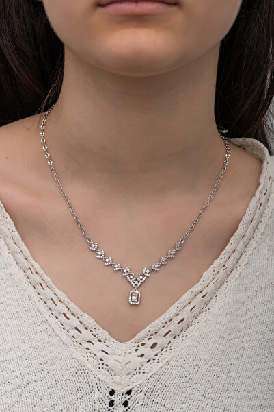 Enes Gümüş Baget Taşlı Gerdanlık Modeli Zirkon Taşlı Gümüş Kolye