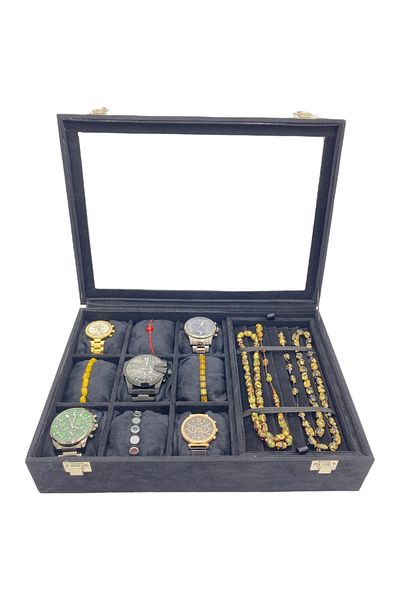 kutuveaksesuar Ρολόι Tasbih Box Γυάλινο Μαύρο Suede Alkantara