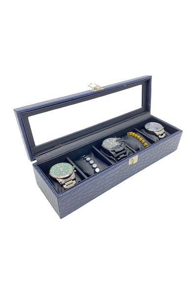 kutuveaksesuar Watch Organizer 5 Pieces Glass Navy Blue Leather