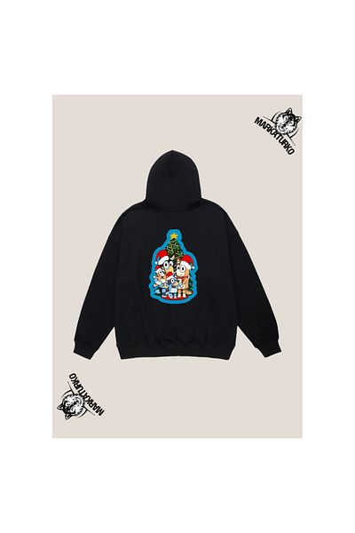 MarkaTurko Bluey Family Christmas Design Back Printed Black Hooded Unisex Sweatshirt 17-63